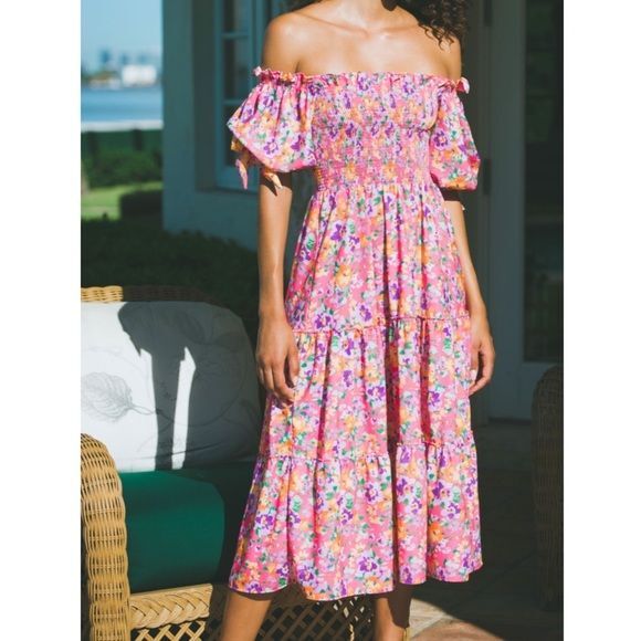 NEW PEIXOTO Paloma Smocked Garden Midi Dress‎ Puff Sleeves Medium Floral Pink b1